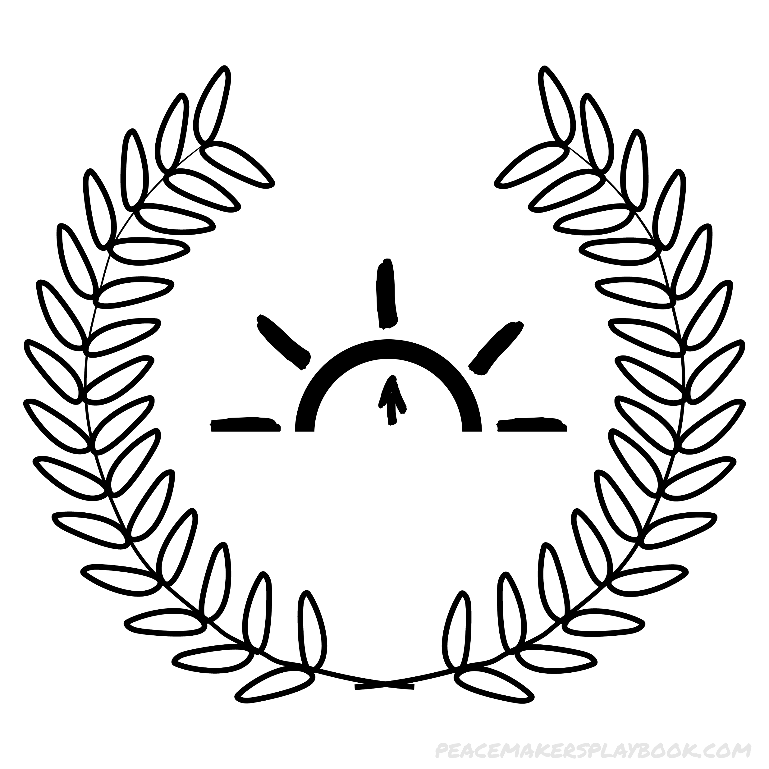 A rising sun representing optimism, surrounded by olive branches